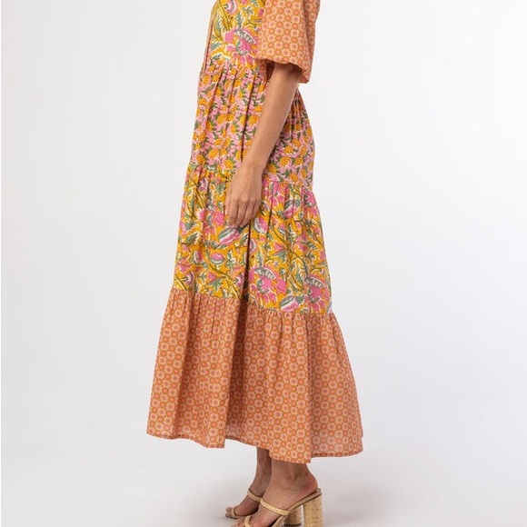 NWT LoveStitch Dress pockets 100% cotton midi floral tiered oranges golds pinks - Picture 4 of 16